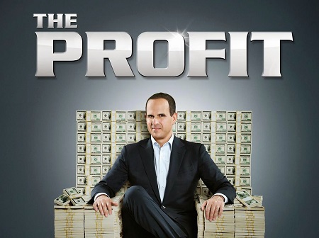Marcus Lemonis in the poster for 'The Profit' sitting in a throne made of cash.